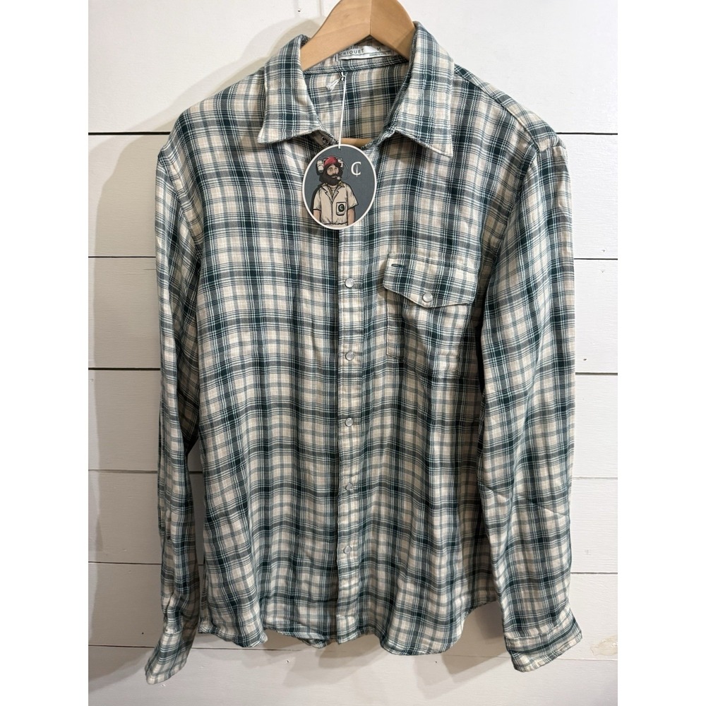 Criquet Green &‎ Creamy White Plaid Flannel Mens MEDIUM Pearl Snap Button Up NEW